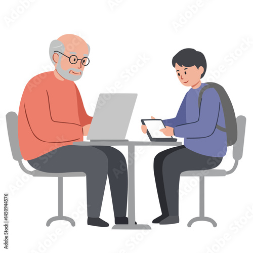 Elderly man tutoring student - wise senior man with kind smile teaching young pupil at table with books, atmosphere of warm mentorship and knowledge sharing.