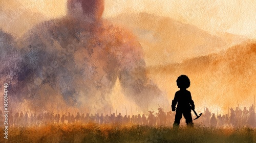 Young David standing bravely before giant Goliath on a battlefield, slingshot in hand, dramatic sky, distant armies watching, muted earth tones, dynamic movement, textured paper, illustration