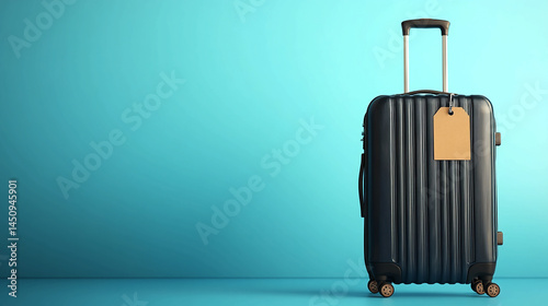 Black luggage suitcase with tag for travel vacation and trip planning on blue background for tourism concept