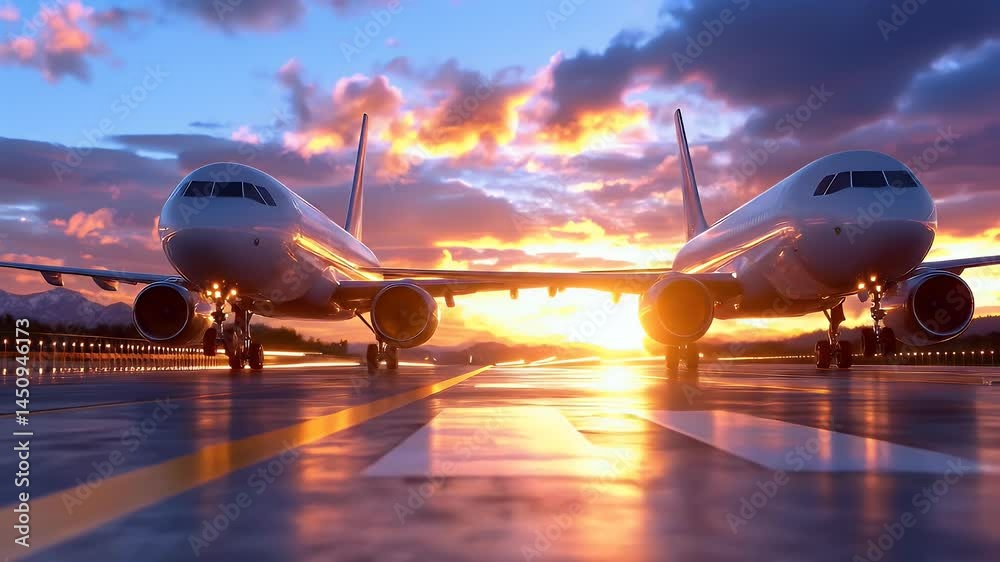 Airplanes on Runway at Sunset Scenic View