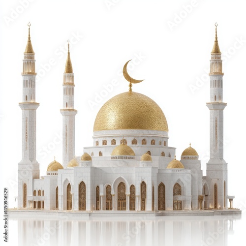 A white mosque with gold domes and spires against a white background