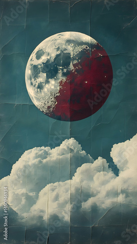 A vintage-style poster of a blood moon, partially obscured by clouds.  A large, partially red moon hangs in the night sky