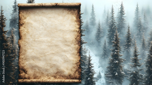Aged parchment scroll against a backdrop of a wintery forest.  A blank document waits to be filled with tales of the wild and mysterious
