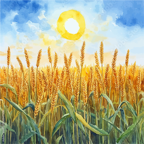Cool Summer Breeze Over A Field Of Wheat, vector watercolor illustration, isolated on a white background.