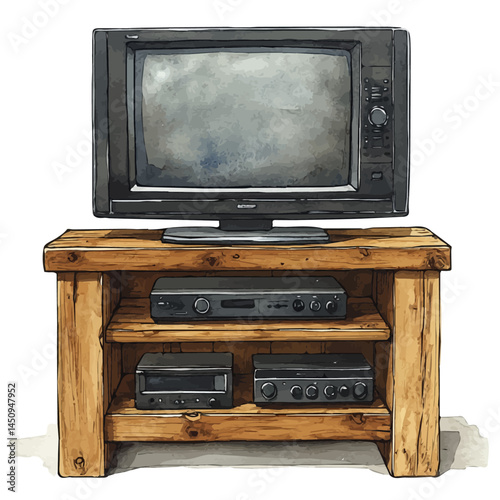Contemporary TV Stand With A Flat-screen TV, vector watercolor illustration, isolated on a white background.