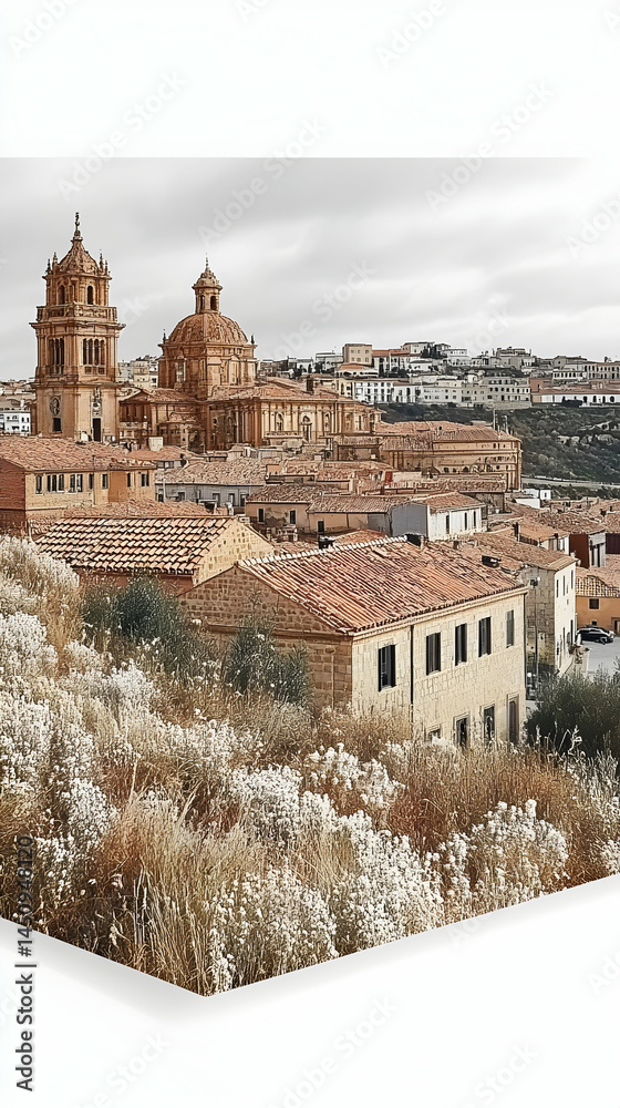 Fototapeta premium Panoramic view of a Spanish town with terracotta-roofed buildings, nestled on a hillside, with pale, light-toned landscapes, and a cool, calm atmosphere