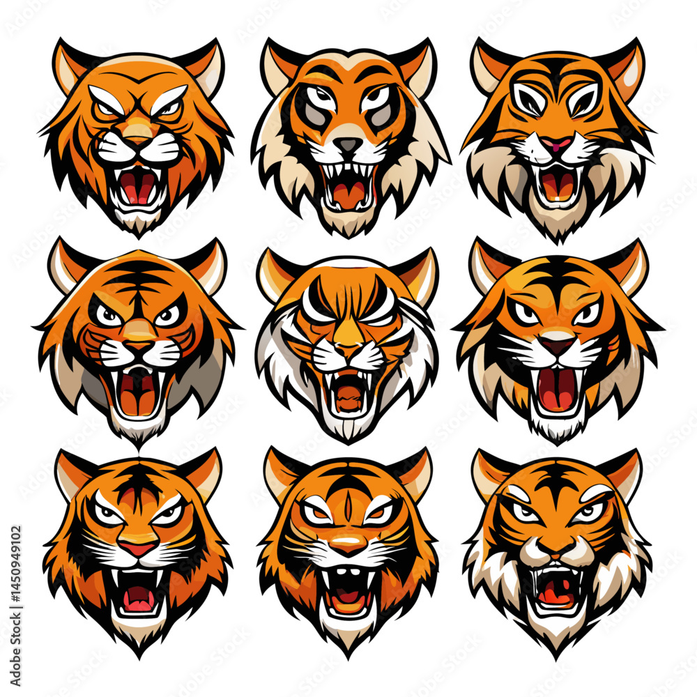 Obraz premium Tiger face silhouette set bundle vector