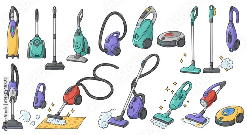 Detailed cleaning equipment collection with colorful, distinct tools and features.