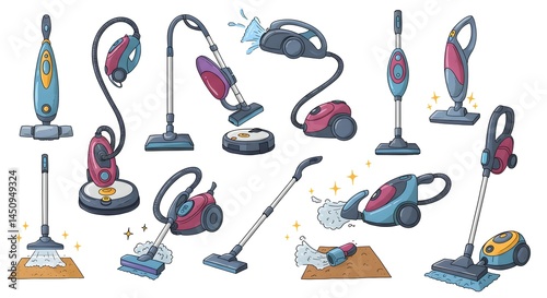 Detailed cleaning equipment collection with colorful, distinct tools and features.