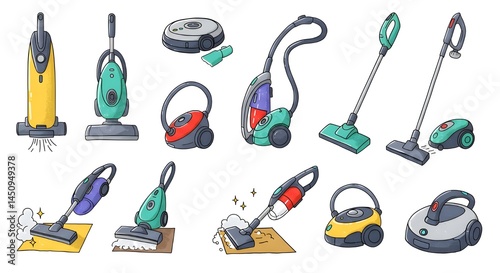 Detailed cleaning equipment collection with colorful, distinct tools and features.