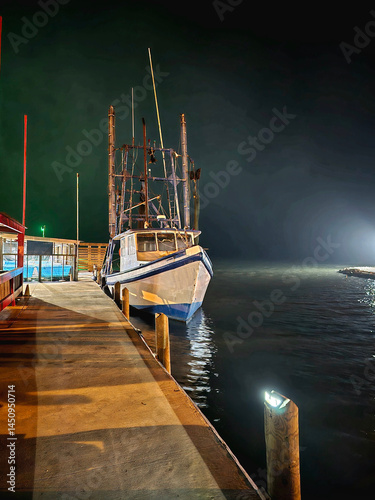 Night Docked Shrimp Boat Illuminated by Pier Lights