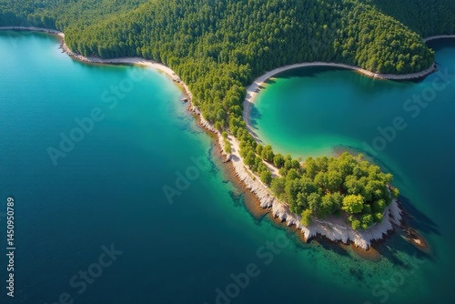 Abstract aerial view of a lake's shoreline, revealing a unique geographical pattern , satellite, reflection