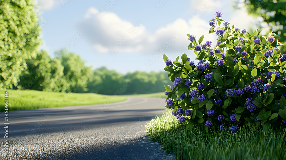 Obraz premium Scenic Country Road With Lush Purple Flowers Under Sunny Sky