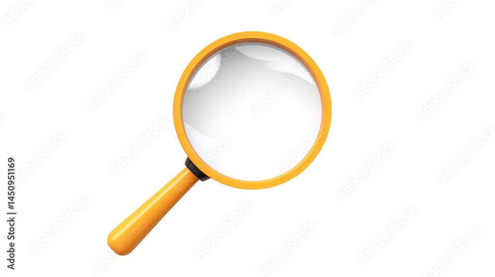 Close up of magnifying glass with yellow frame and handle in the view isolated on transparent background Close up of magnifying glass with yellow frame and handle in the view isolated on transparent background