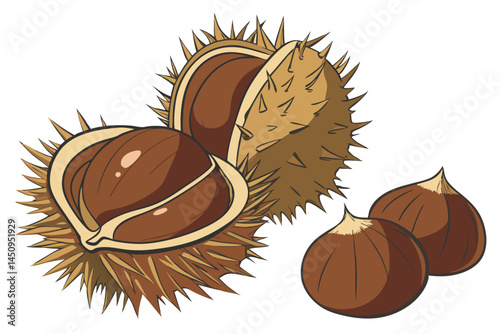 12 Photorealistic chestnuts, shiny brown nuts, autumn harvest, close-up detail, white background, food photography, warm tones, organic textures, gourmet ingredients, macro shot, high resolution, stud