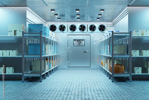 Interior of an industrial walk-in cold storage room with organized shelves storing food boxes, plastic bins, and pumpkins under refrigeration. – Refrigeration, Storage, Food Industry. 3d image