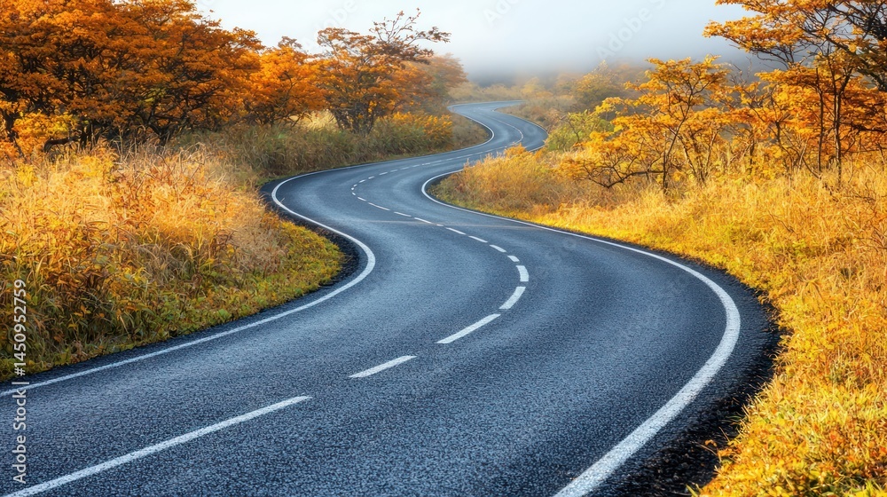 Fototapeta premium Winding asphalt road with yellow trees