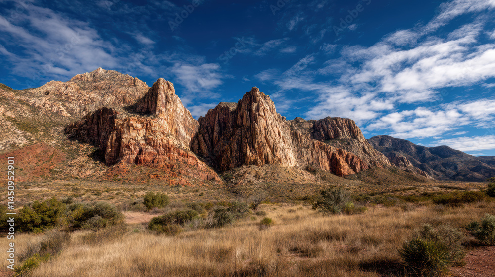 Breathtaking view of the rugged Red Rock Canyon mountains under a vivid blue sky with scattered clouds, highlighting the majestic beauty of the Nevada landscape. Breathtaking view of the rugged Red Rock Canyon mountains under a vivid blue sky with scattered clouds, highlighting the majestic beauty of the Nevada landscape.