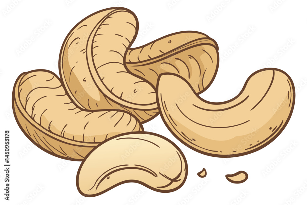 Obraz premium 13 Cashew nuts, pile of golden crescent-shaped nuts, close-up food photography, white background, high detail, soft lighting, textured surface, healthy snack, organic, raw cashews, crisp focus, studio
