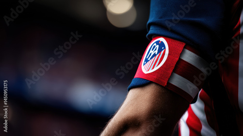 A closeup shows a soccer player wea a red armband with white and blue stripes, indicating participation in a soccer event or game, focusing on team unity.