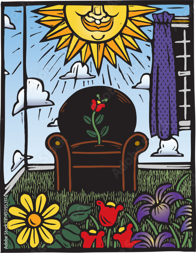 Sunroom brings the outside inside, woodcut illustration