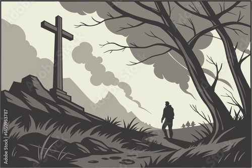 14 dark apocalyptic landscape, large wooden cross, silhouetted figure, raging fire in background, stormy sky, ominous atmosphere, rocky terrain, cinematic lighting, dramatic contrast, mist and smoke, 