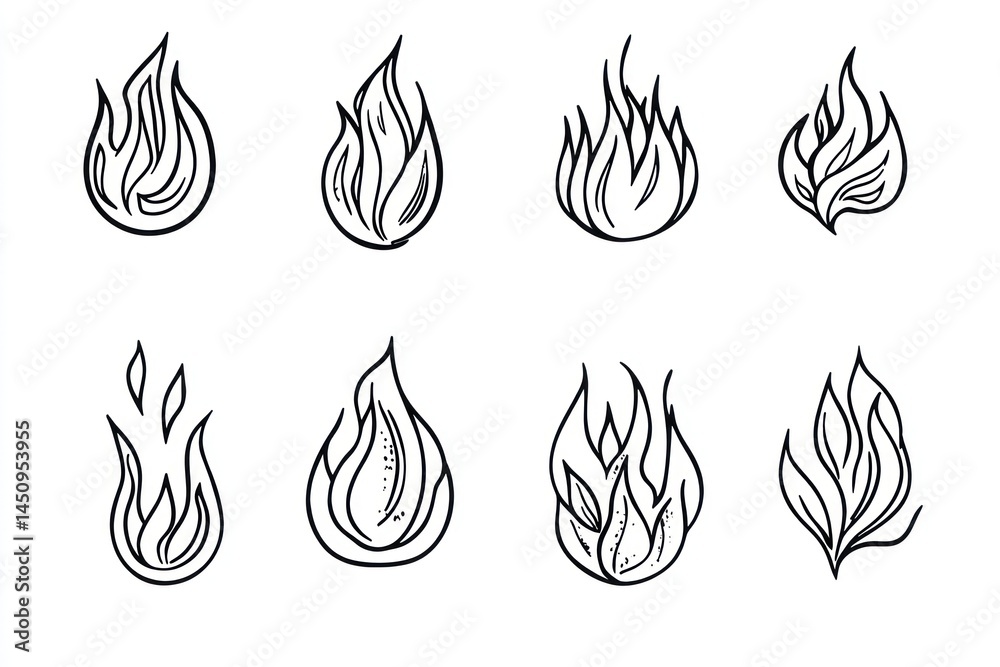 Eight fire flame icons; white background; design element; website graphics Eight fire flame icons; white background; design element; website graphics