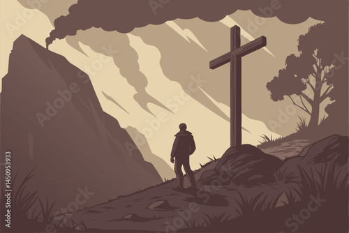 14 dark apocalyptic landscape, large wooden cross, silhouetted figure, raging fire in background, stormy sky, ominous atmosphere, rocky terrain, cinematic lighting, dramatic contrast, mist and smoke, 