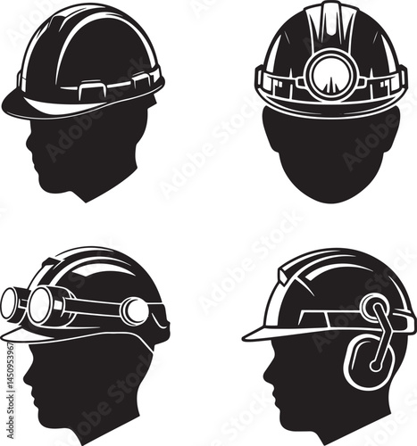 hard safety hats silhouette set vector illustration isolated On Transparent Background