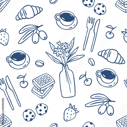 Seamless hand drawn pattern breakfast food. Sketch style, coffee, croissant. Italian style