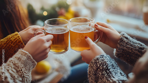 Cheers to Connection: People gathered close toasting with steaming mugs of tea, the warm glow enhancing the comforting scene, capturing a moment of closeness and camaraderie.