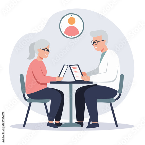 Elderly health consultation - caring doctor explaining medical results to senior woman, warm atmosphere of trust and professional care in clinic setting.
