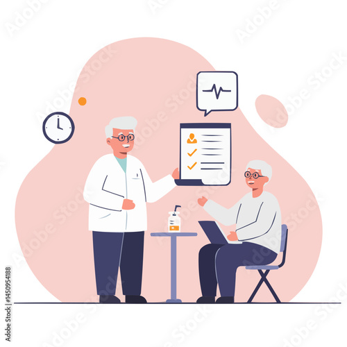 Elderly health consultation - caring doctor explaining medical results to senior woman, warm atmosphere of trust and professional care in clinic setting.