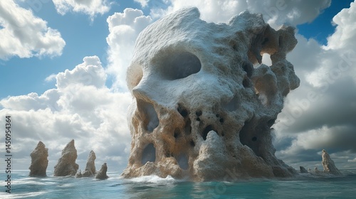 Eerie SkullShaped Rock Formation Emerging from the Ocean Waves photo