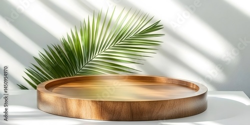 Wooden Tray Mockup with Palm Leaf and Sunlight Shadows
