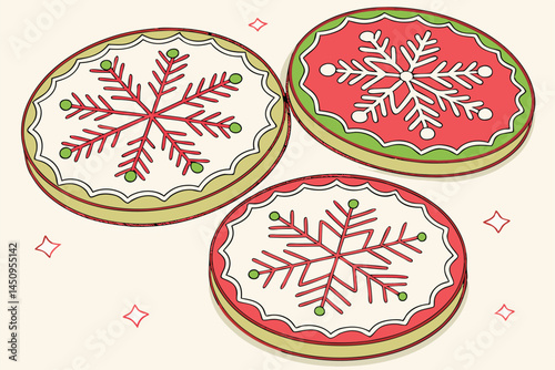 16 Christmas cookies, snowflake designs, colorful icing, festive patterns, circular sugar cookies, red and green decorations, white frosting details, holiday baking, intricate piping work, pastel colo