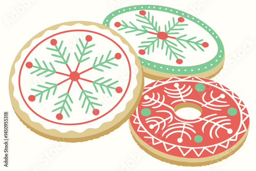 16 Christmas cookies, snowflake designs, colorful icing, festive patterns, circular sugar cookies, red and green decorations, white frosting details, holiday baking, intricate piping work, pastel colo