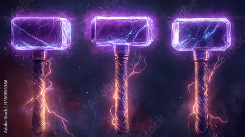 A robust hammer illustrated within electric energy in three separate poses. [Electric Myths] | Neon Archons | radiant rulers. Illustration