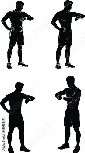 Man Looking at Smart Watch in Gym Outfit – Casual Athletic Stance Silhouette, Clean Black Vector on White Background
