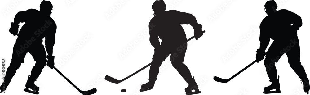 Action Ice Hockey Silhouettes Players Stick Puck Sport Game Action Ice Hockey Silhouettes Players Stick Puck Sport Game