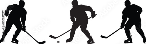 Action Ice Hockey Silhouettes Players Stick Puck Sport Game