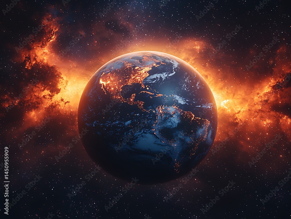 Fototapeta premium Fiery cosmic clouds engulf Earth
