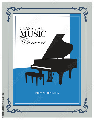 A black piano against a blue background.