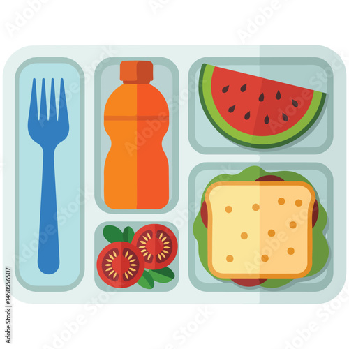School lunch with sandwich and fruit isolated vector illustration on white background