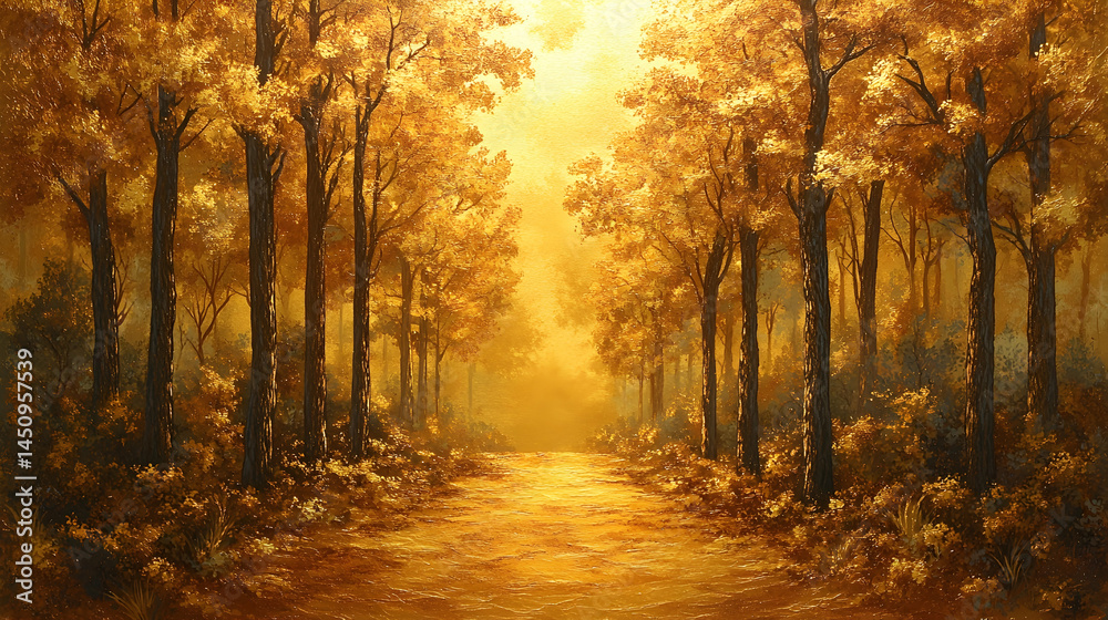 Obraz premium Golden autumnal forest path bathed in warm sunlight. Trees line a pathway, leaves ablaze with gold and amber hues