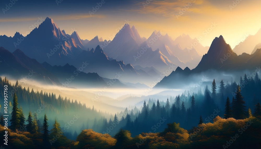 Obraz premium mountain landscape with forest morning haze illustration panoramic view