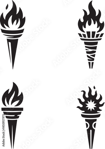 Medieval torches with burning fire silhouette set vector illustration isolated On Transparent Background