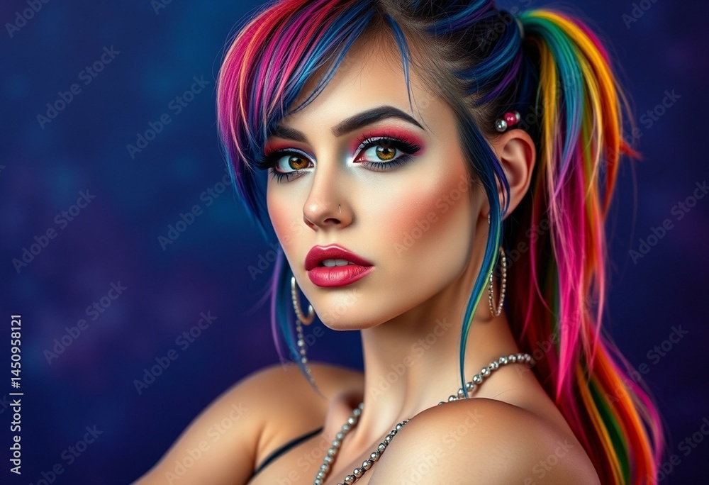 Obraz premium Edgy female portrait with rainbow hair and bold makeup