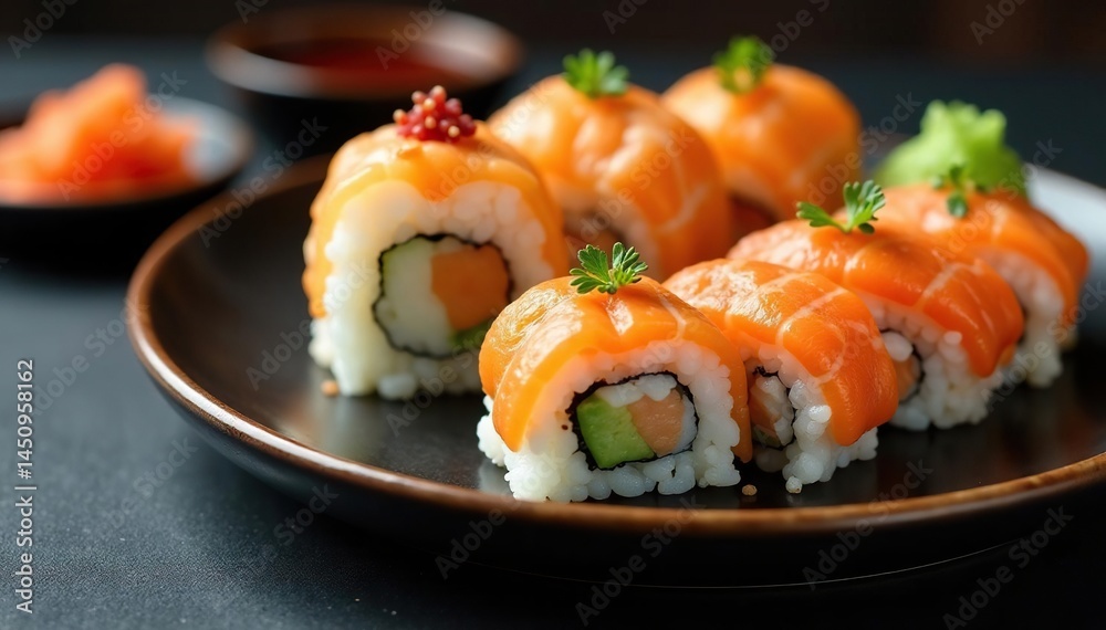 Sushi platter, various rolls, elegant presentation, appetizer, seafood Sushi platter, various rolls, elegant presentation, appetizer, seafood