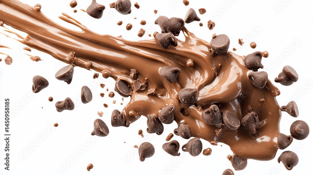 Fototapeta premium Chocolate sauce splash with scattered chips, isolated on white